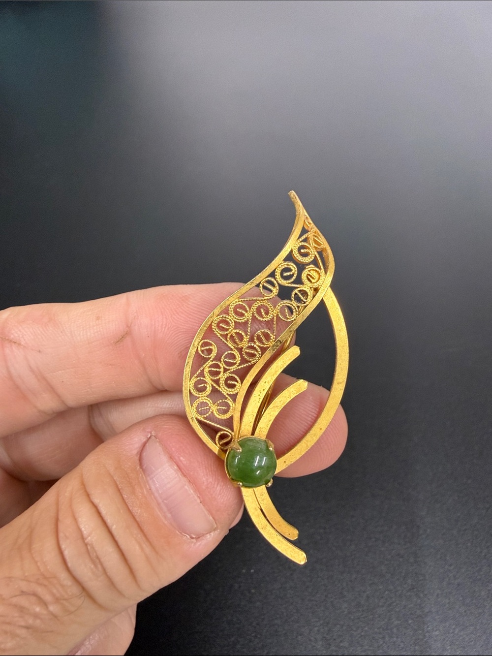 Gold-Tone Filigree Brooch with Green Stone Accent